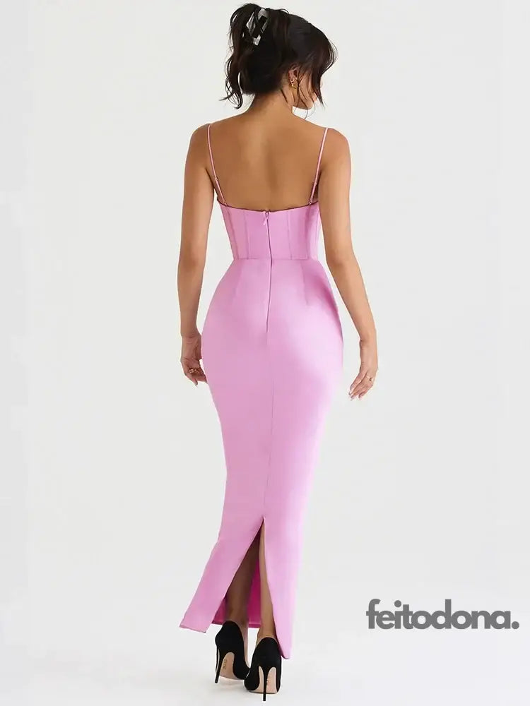 Summer Satin Maxi Bodycon Dress Sexy Event Night Wedding Guest Women Corset Party Dresses Pink Slit