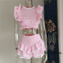 Conjunto Corinne Xadrez Rosa / P
