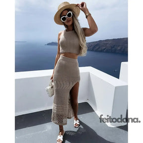 2023 Cover-Ups Knitted Sexy See Through Mesh Beach Cover Summer Camisole Blouse Long Skirt Two-Piece