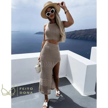 2023 Cover-Ups Knitted Sexy See Through Mesh Beach Cover Summer Camisole Blouse Long Skirt Two-Piece