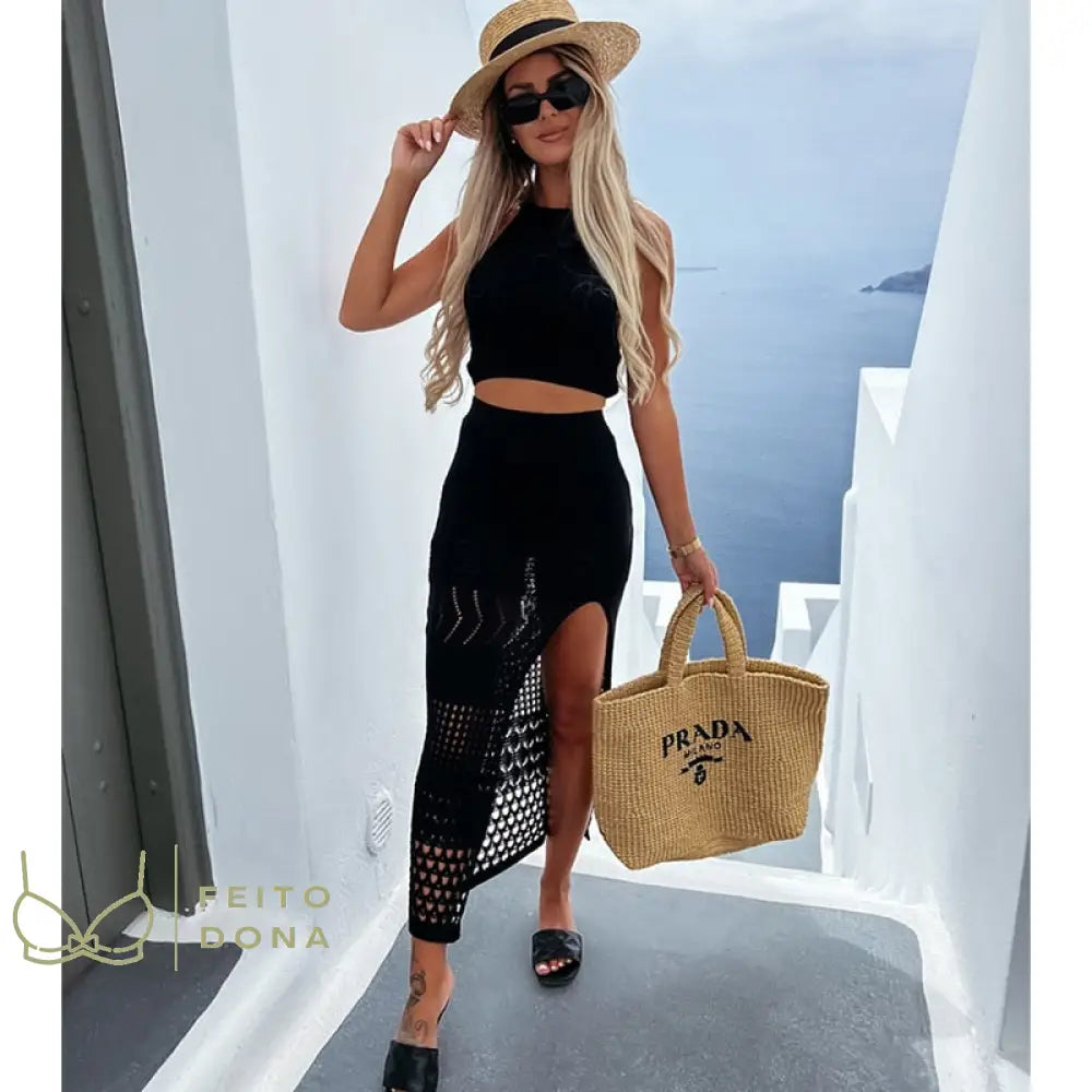 2023 Cover-Ups Knitted Sexy See Through Mesh Beach Cover Summer Camisole Blouse Long Skirt Two-Piece