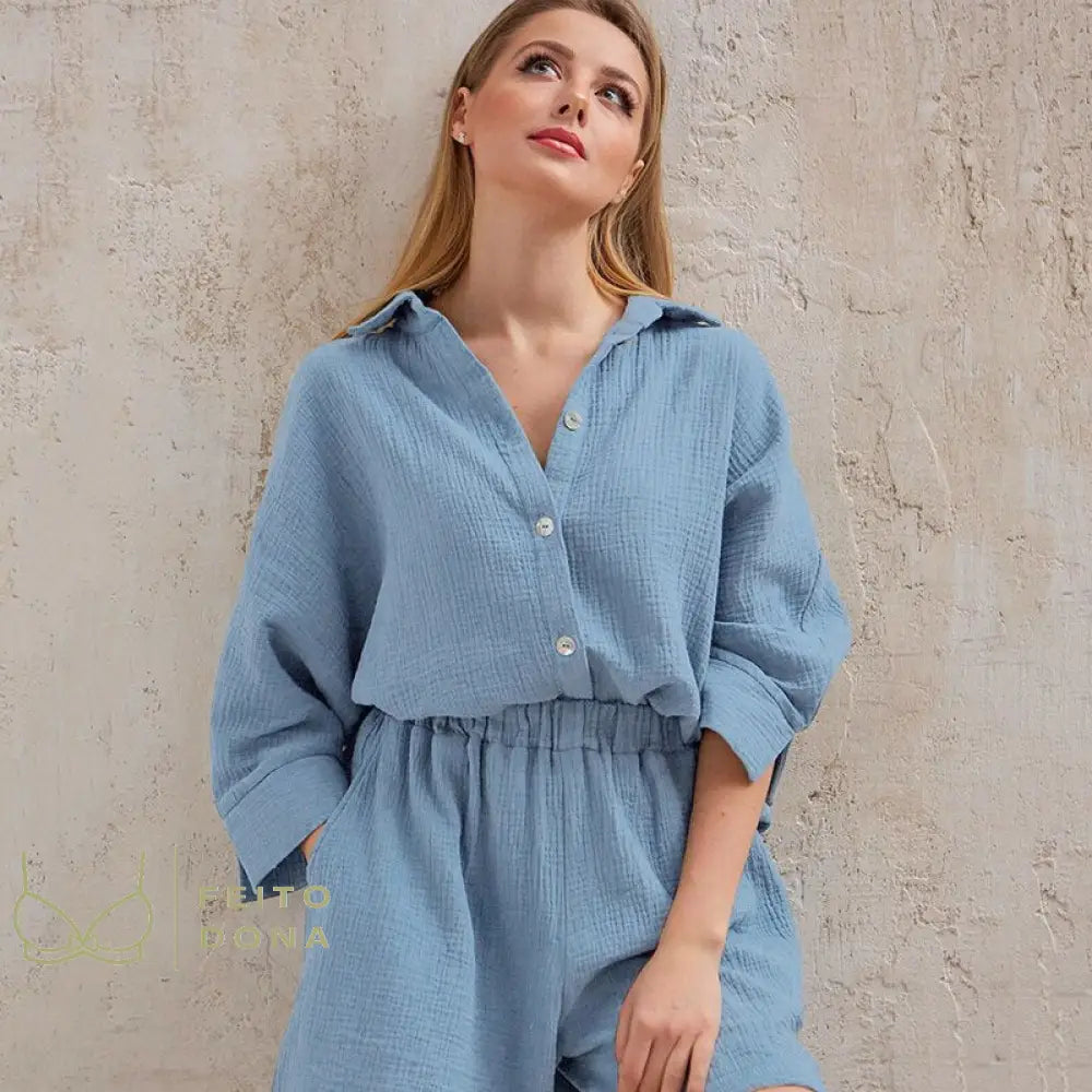 Cotton Pajamas For Women Sets Suit Casual Sleepwear Turn-Down Collar Nine Quarter Sleeve Sleep Tops