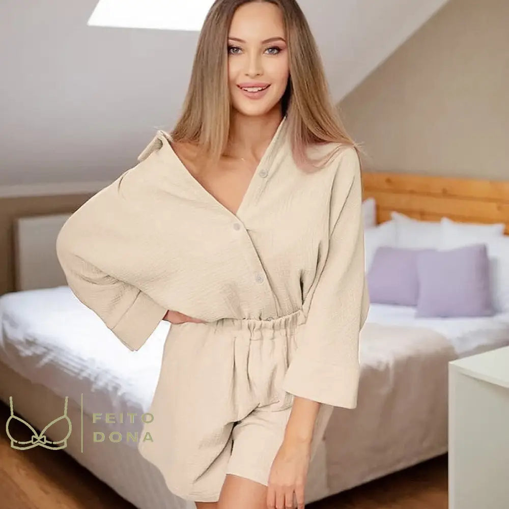 Cotton Pajamas For Women Sets Suit Casual Sleepwear Turn-Down Collar Nine Quarter Sleeve Sleep Tops
