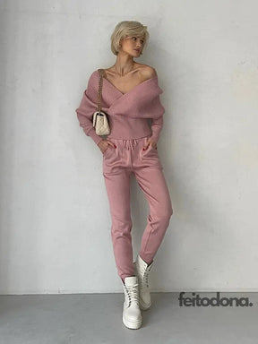 Sexy Off Shoulder Knitted Two Piece Set Women Long Sleeve Sport Tracksuit 2 Sweater Pants Suits