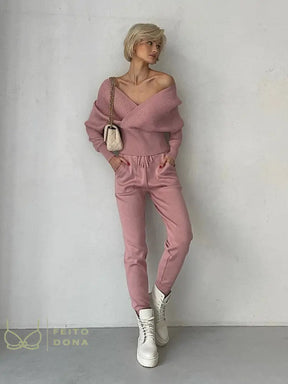 Sexy Off Shoulder Knitted Two Piece Set Women Long Sleeve Sport Tracksuit 2 Sweater Pants Suits