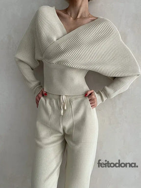 Sexy Off Shoulder Knitted Two Piece Set Women Long Sleeve Sport Tracksuit 2 Sweater Pants Suits