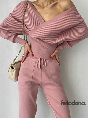 Sexy Off Shoulder Knitted Two Piece Set Women Long Sleeve Sport Tracksuit 2 Sweater Pants Suits