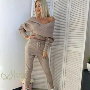 Sexy Off Shoulder Knitted Two Piece Set Women Long Sleeve Sport Tracksuit 2 Sweater Pants Suits