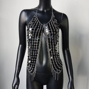 Beyprern-Camiseta sin mangas plateada con cuello Halter, corpiño con diamantes brillantes, Top corto con lentejuelas de Metal y espalda descubierta, chaleco para discoteca, trajes de Festival