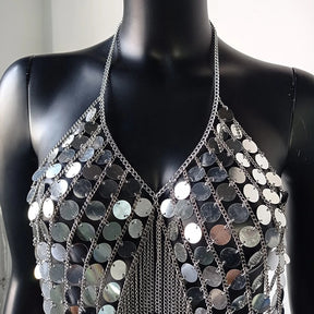 Beyprern-Camiseta sin mangas plateada con cuello Halter, corpiño con diamantes brillantes, Top corto con lentejuelas de Metal y espalda descubierta, chaleco para discoteca, trajes de Festival
