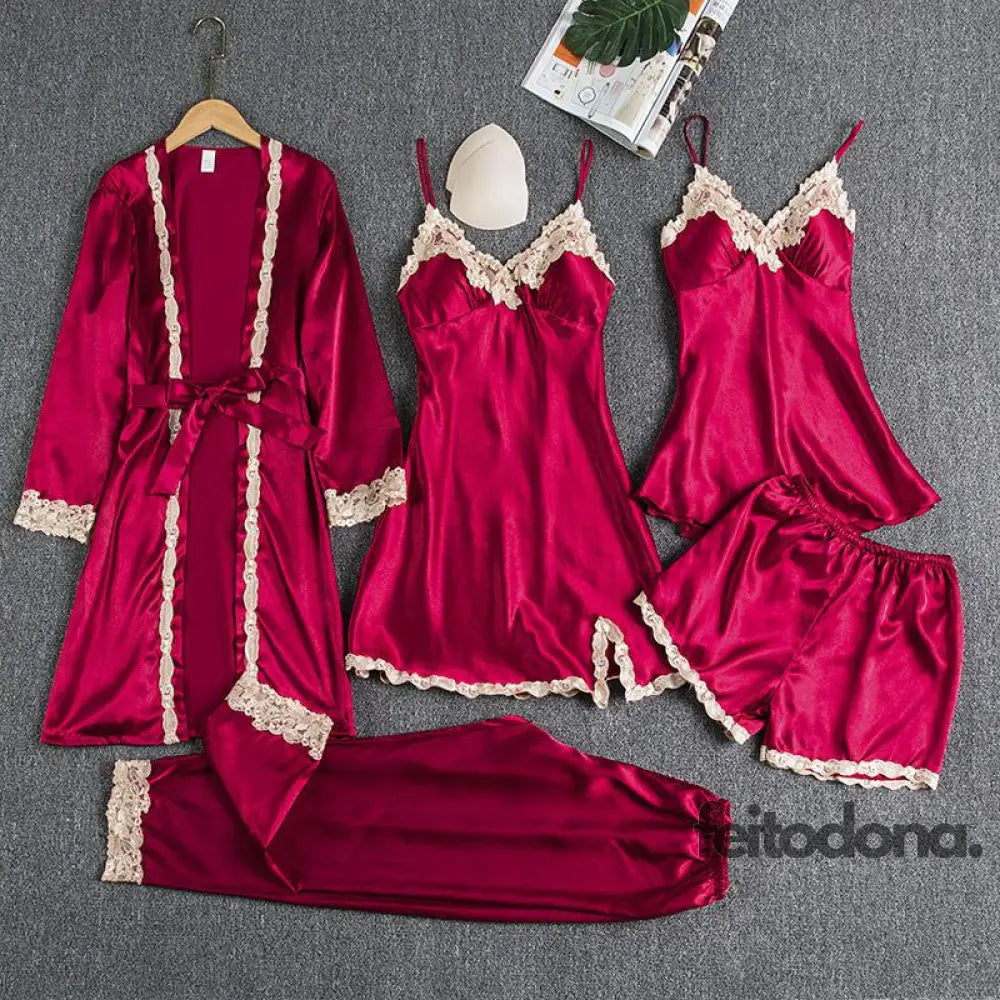 Jogo De Pijamas 5 Peças Marsala Com Renda Bege / M