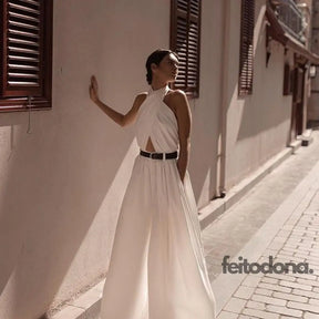 2021 Summer Womens Jumpsuit Sexy Sleeveless Halter White Backless Pants Temperament Elegant Wide Leg