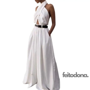 2021 Summer Womens Jumpsuit Sexy Sleeveless Halter White Backless Pants Temperament Elegant Wide Leg