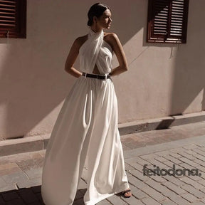 2021 Summer Womens Jumpsuit Sexy Sleeveless Halter White Backless Pants Temperament Elegant Wide Leg