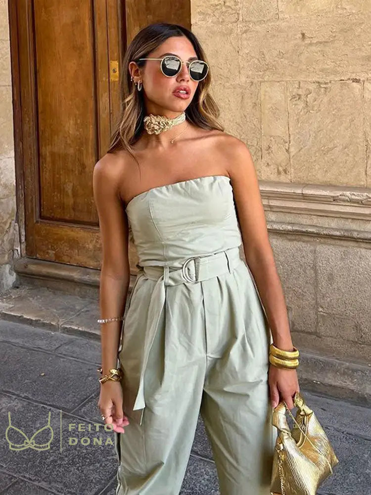 Sexy Strapless Jumpsuits With Belt For Women Causal Solid Sleeveless Wrapped Chest 2023 Summer