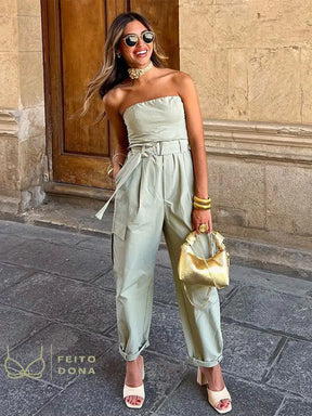 Sexy Strapless Jumpsuits With Belt For Women Causal Solid Sleeveless Wrapped Chest 2023 Summer