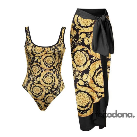 Maiô + Pareô Suit Gold Dourado / P