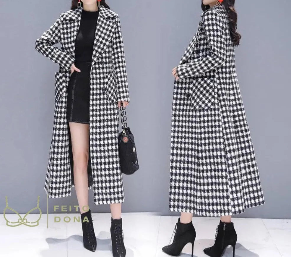 2023 Fashion Spring Plaid Woolen Jacket Ladies Clothing Elegant Slim Temperament Long Outwear