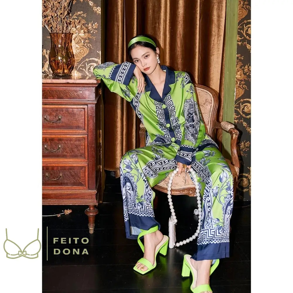 Pijama Cetim Bohemian Luxo Verde / P/M