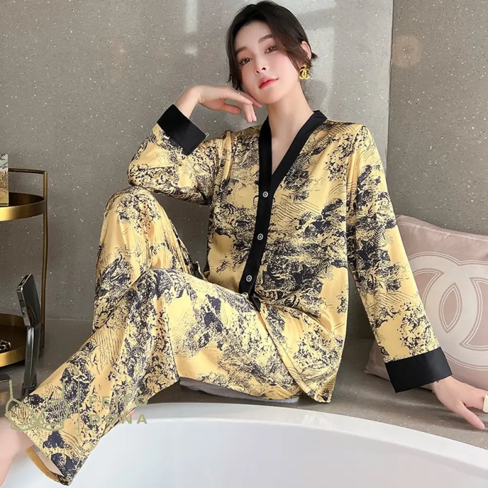 Pijama Cetim New York Luxo Amarelo / P/M