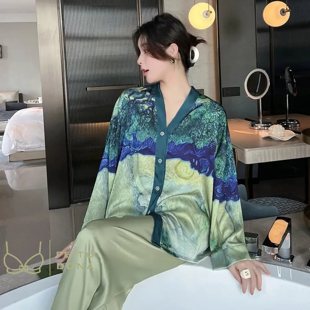 Pijama Cetim New York Luxo Verde / P/M