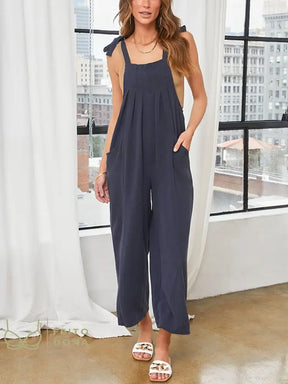New Women Cargo Overalls Casual Loose Solid Rompers Jumpsuit Streetwear Tie-Up Sleeveless Long Pants