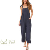 New Women Cargo Overalls Casual Loose Solid Rompers Jumpsuit Streetwear Tie-Up Sleeveless Long Pants