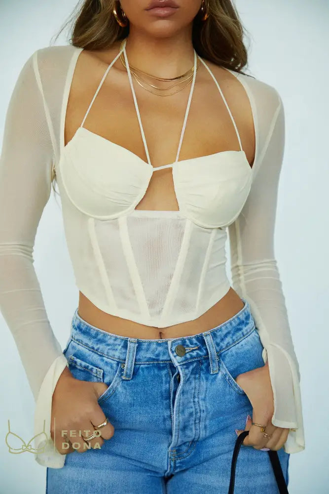Crop Top Sexy Mesh Corset Long Sleeve Tops Summer Party Flare Fashion Woman Blouses 2022 Casual