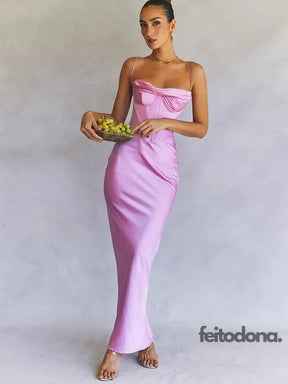 Summer Satin Maxi Bodycon Dress Sexy Event Night Wedding Guest Women Corset Party Dresses Pink Slit