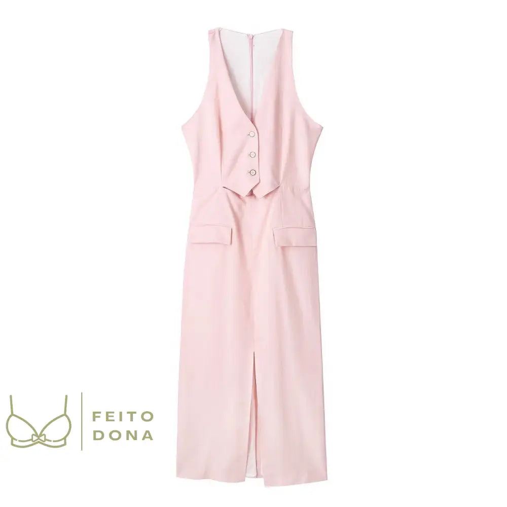 Trafza Pink Cotton Hemp Fashion Elegant And Simple All-Match Dress Button Womens Sleeveless V-Neck