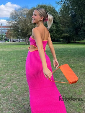 Green Cut Out Knitted Maxi Dress Women Summer Sexy Strapless Sleeveless Y2K Bodycon Party Dresses