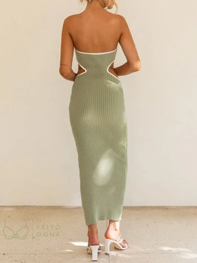 Green Cut Out Knitted Maxi Dress Women Summer Sexy Strapless Sleeveless Y2K Bodycon Party Dresses