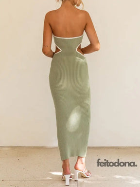 Green Cut Out Knitted Maxi Dress Women Summer Sexy Strapless Sleeveless Y2K Bodycon Party Dresses