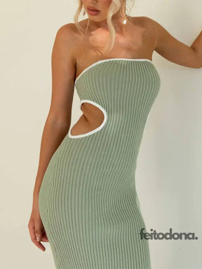 Green Cut Out Knitted Maxi Dress Women Summer Sexy Strapless Sleeveless Y2K Bodycon Party Dresses
