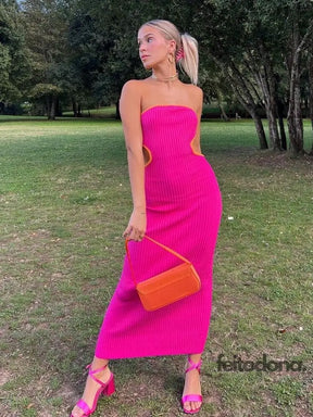 Green Cut Out Knitted Maxi Dress Women Summer Sexy Strapless Sleeveless Y2K Bodycon Party Dresses
