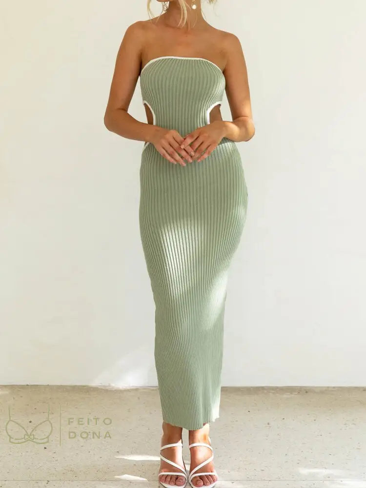 Green Cut Out Knitted Maxi Dress Women Summer Sexy Strapless Sleeveless Y2K Bodycon Party Dresses