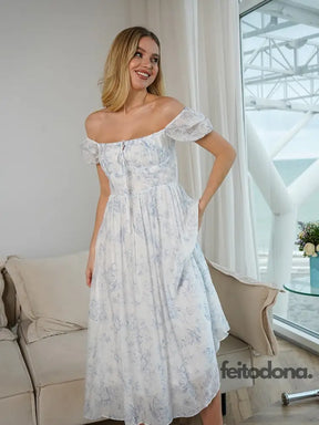 Chiffon Off Shoulder Floral Dress White Summer Beach Boho Sexy Maxi Dresses Elegant Puff Sleeve Long