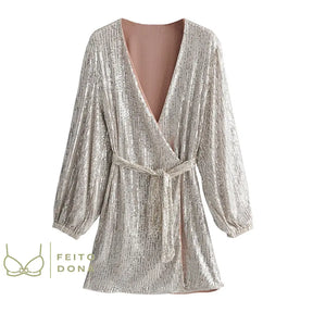 Silver Sequin Dress Women Long Sleeve Have Sashes Party Dresses 2022 Vintage Sexy Deep V Neck Mini