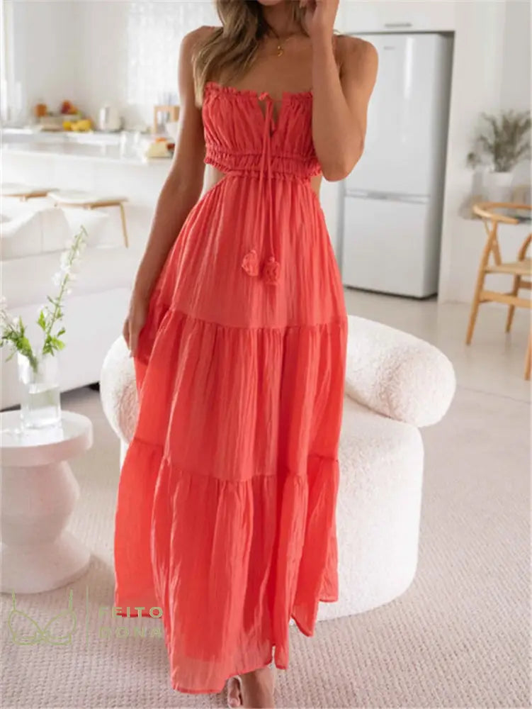 Hirigin Boho Women Summer Casual Long Dress Solid Color Tie-Up Sleeveless Backless Fashion Party