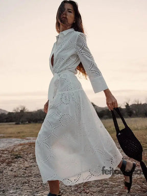 2023 Summer New Womens Casual Fashion All-Match White Long-Sleeved Lapel With Bow Belt Embroidered