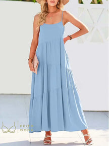 2023 Summer Beach Long Dress Women Loose Maxi Sleeveless Ladies Party Dresses For Sky Blue / S