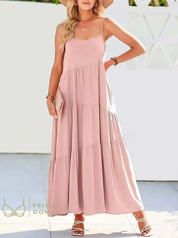 2023 Summer Beach Long Dress Women Loose Maxi Sleeveless Ladies Party Dresses For Pink / S