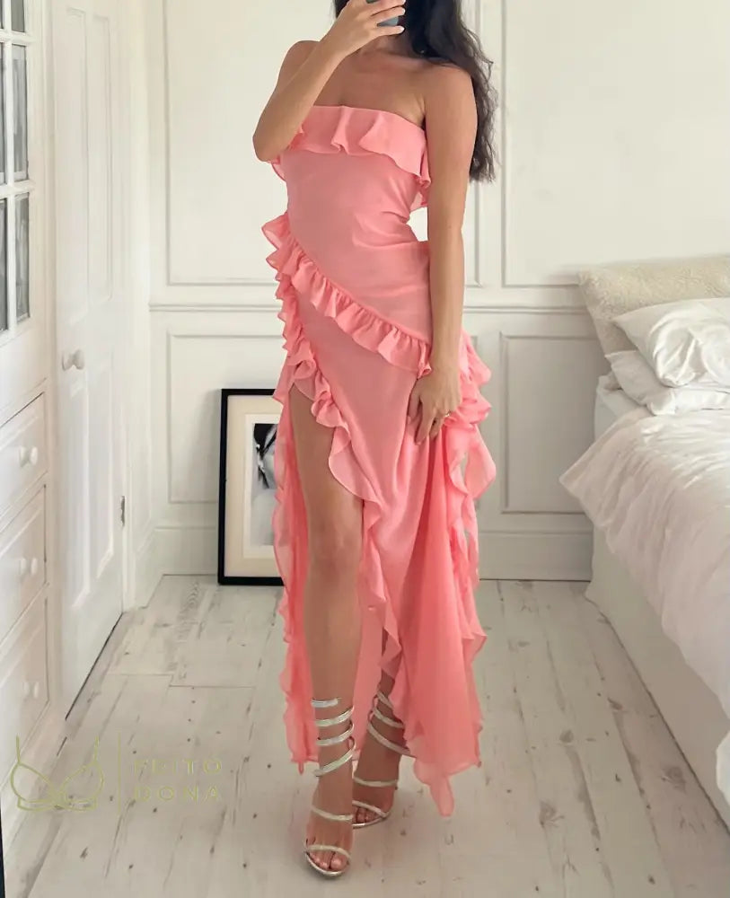 New Fashion Womens Tube Top Dress Summer Strapless Sleeveless Solid Color Split Hem Ruffle Beachwear