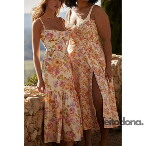 Suninheart Summer Blue Midi Floral Print Holiday Dress Elegant Spaghetti Strap Full Skirt Go Out