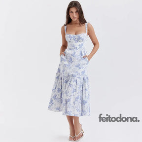 Suninheart Summer Blue Midi Floral Print Holiday Dress Elegant Spaghetti Strap Full Skirt Go Out