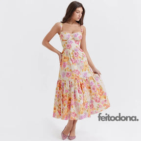 Suninheart Summer Blue Midi Floral Print Holiday Dress Elegant Spaghetti Strap Full Skirt Go Out
