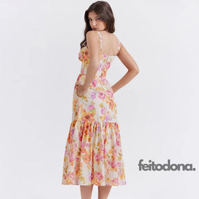 Suninheart Summer Blue Midi Floral Print Holiday Dress Elegant Spaghetti Strap Full Skirt Go Out
