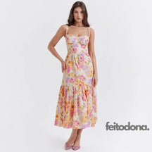 Suninheart Summer Blue Midi Floral Print Holiday Dress Elegant Spaghetti Strap Full Skirt Go Out
