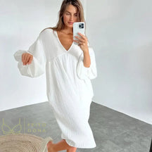 Women Nightdress Lantern Long-Sleeved Skirt Sleepwear V-Neck Cotton Crepe Loose Homewear Elegant