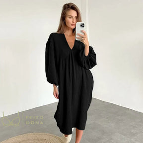 Women Nightdress Lantern Long-Sleeved Skirt Sleepwear V-Neck Cotton Crepe Loose Homewear Elegant